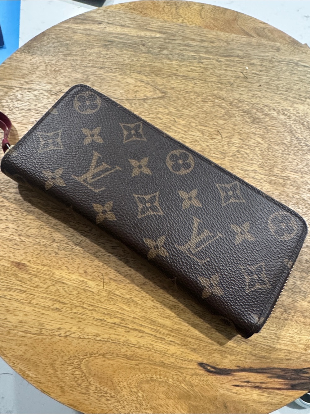 Louis Vuitton Brown Monogram Zip Wallet with Red Pull